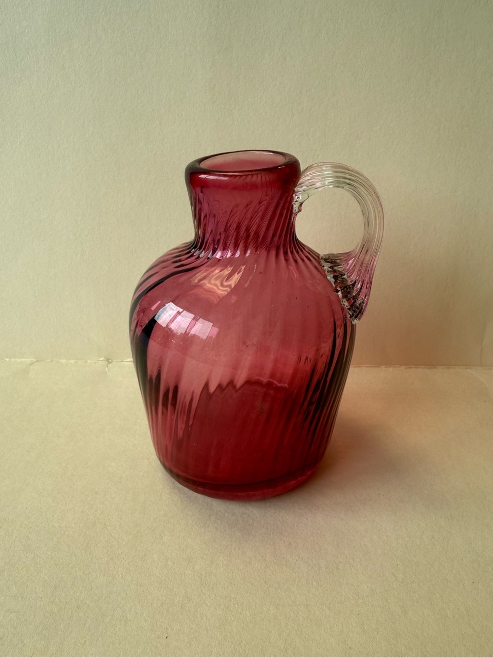Vintage Glass Cranberry Spiral Optic Small Mini Pitcher Jug Applied Clear Handle